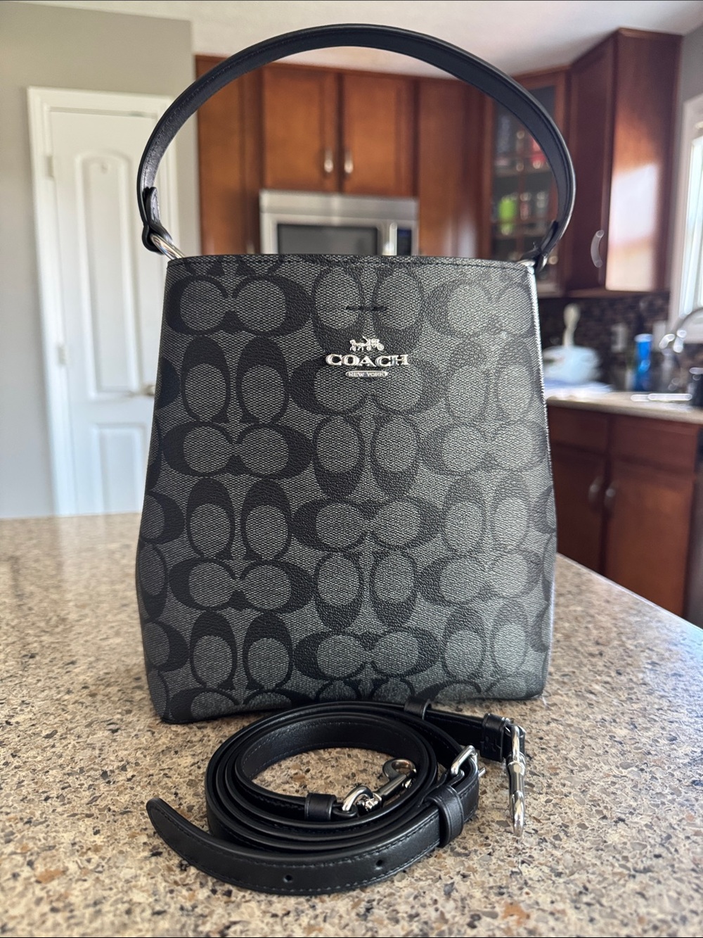 COACH Black Signature Canvas Bucket Crossbody Bag